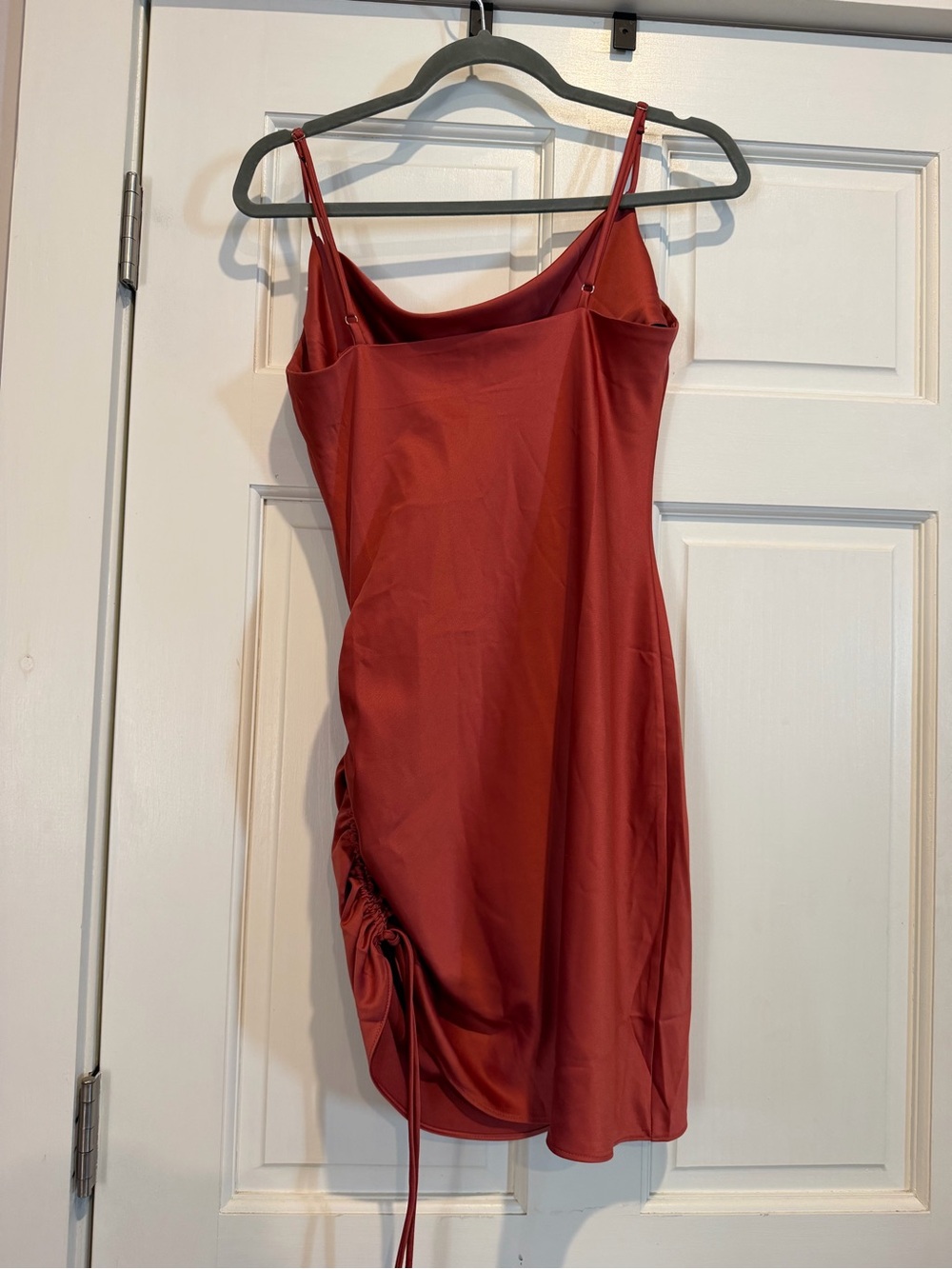 Hello Molly Satin Slip Dress with Ruched Side Tie - Rusty Pinky Red